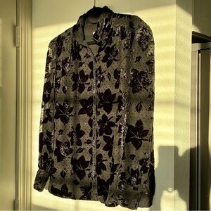 Vintage Patra black velvet flower button up Sheer balloon sleeves size medium